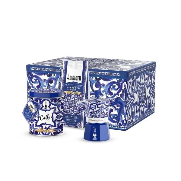 Bialetti Комплект Moka Express Mediterranean Blue 3 чаши и Perfetto Moka Irresistible мляно кафе
