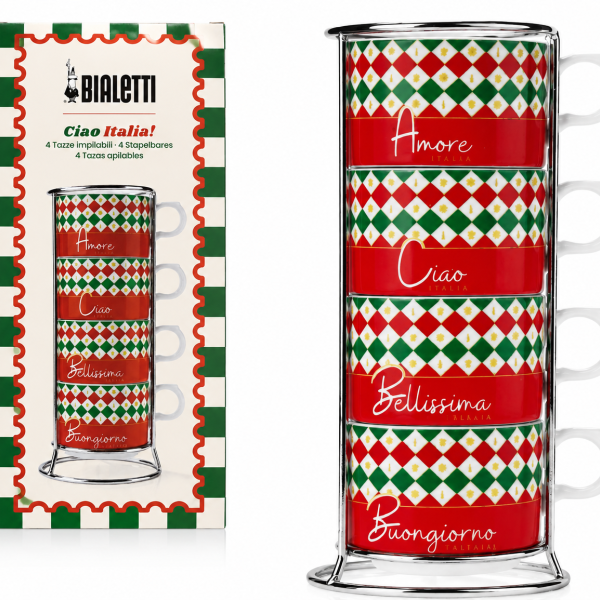 Bialetti Ciao Italia – Комплект от 4 порцеланови чаши с метална стойка